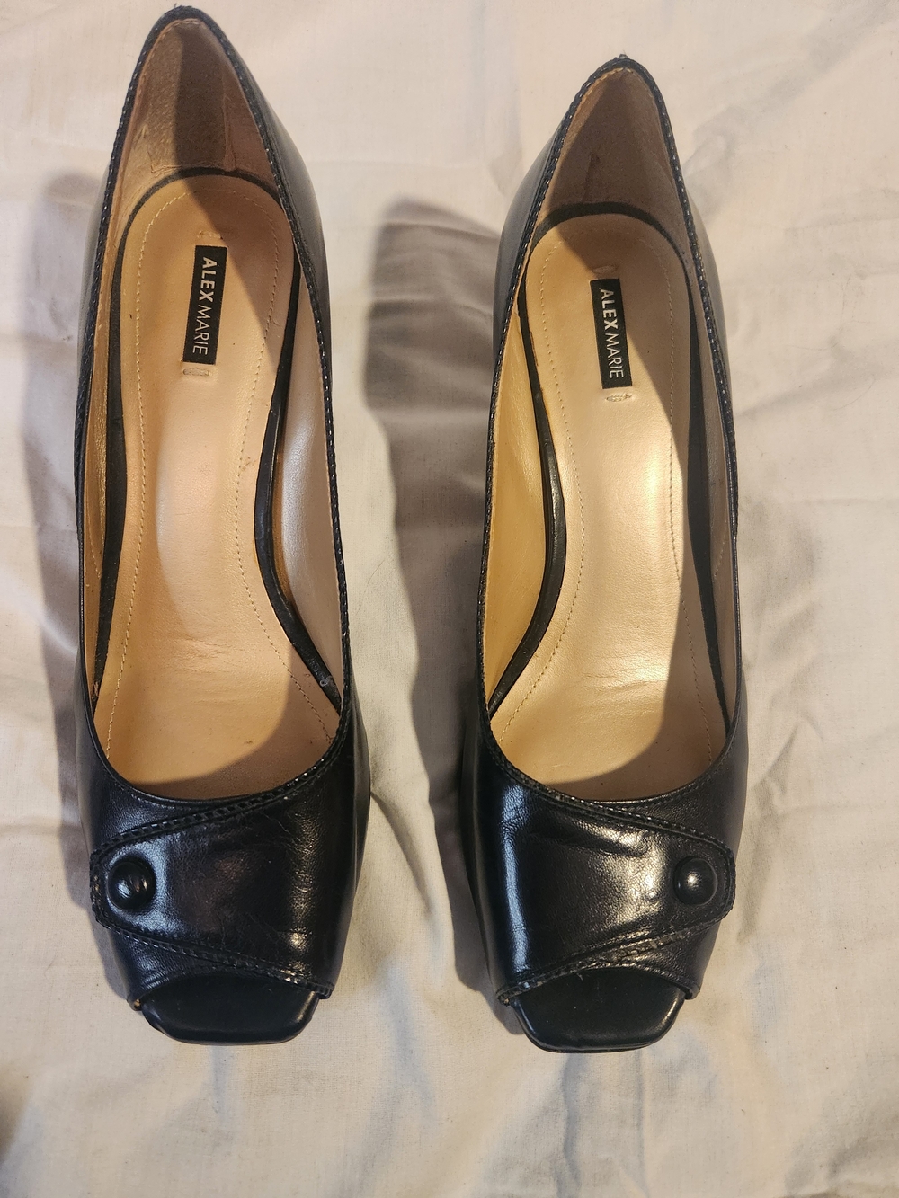 Alex Marie Black Leather Peep-Toe Heels with Button Accent